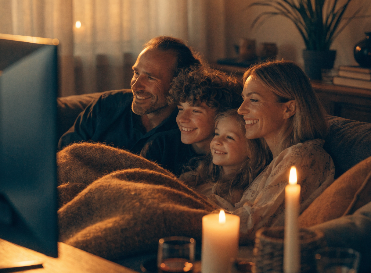 Familie hygger sammen foran Smart TV med IPTV Dansk i Odense