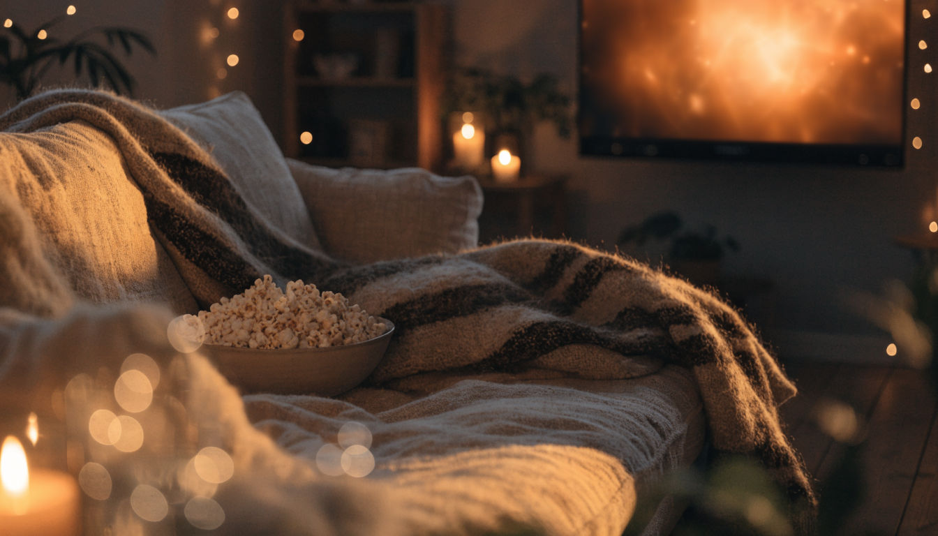Hyggelig filmaften med popcorn og tæppe foran et Smart TV