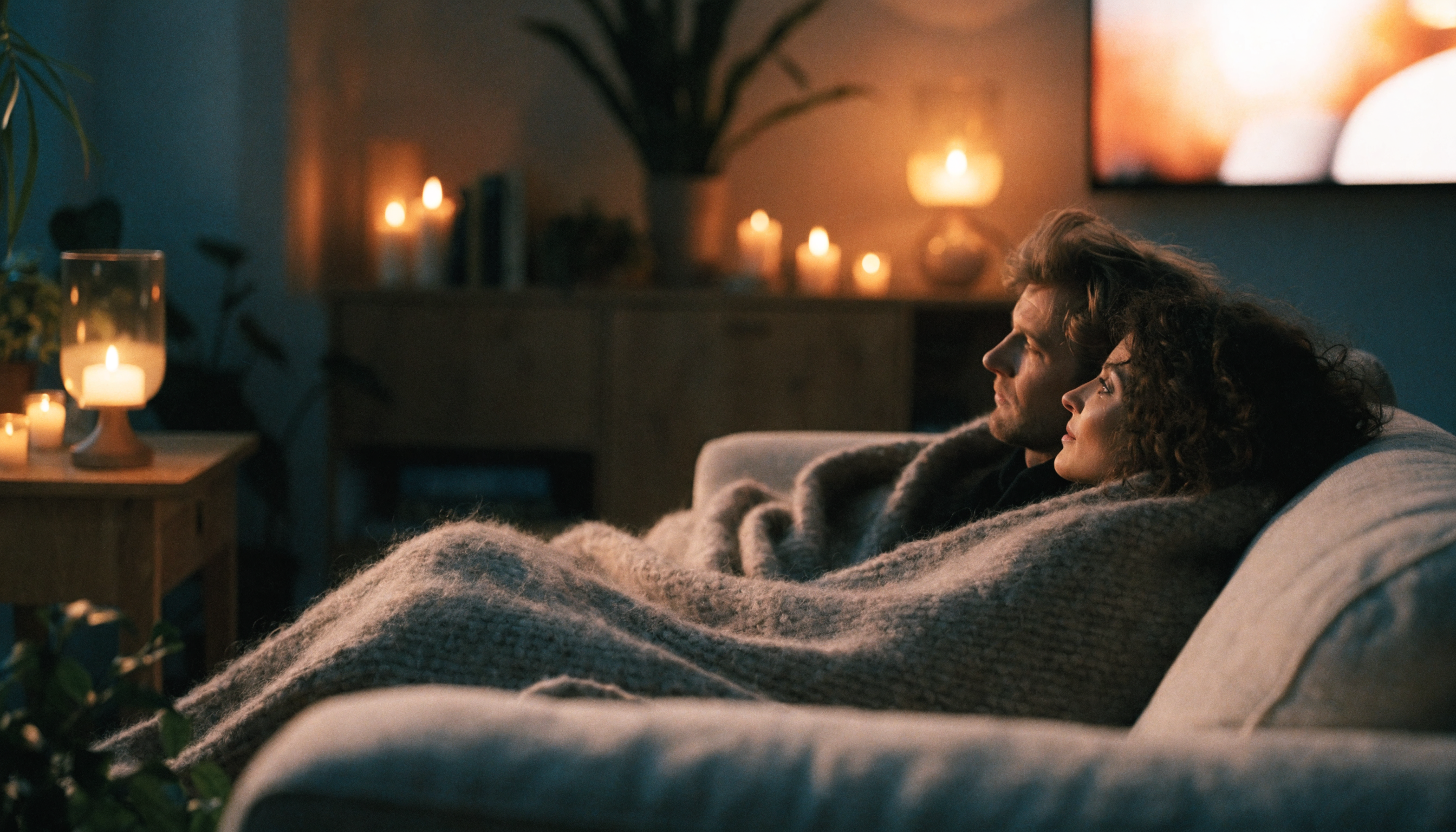 Par hygger under uldtæppe og ser IPTV Dansk på et Smart TV i en stue oplyst af stearinlys