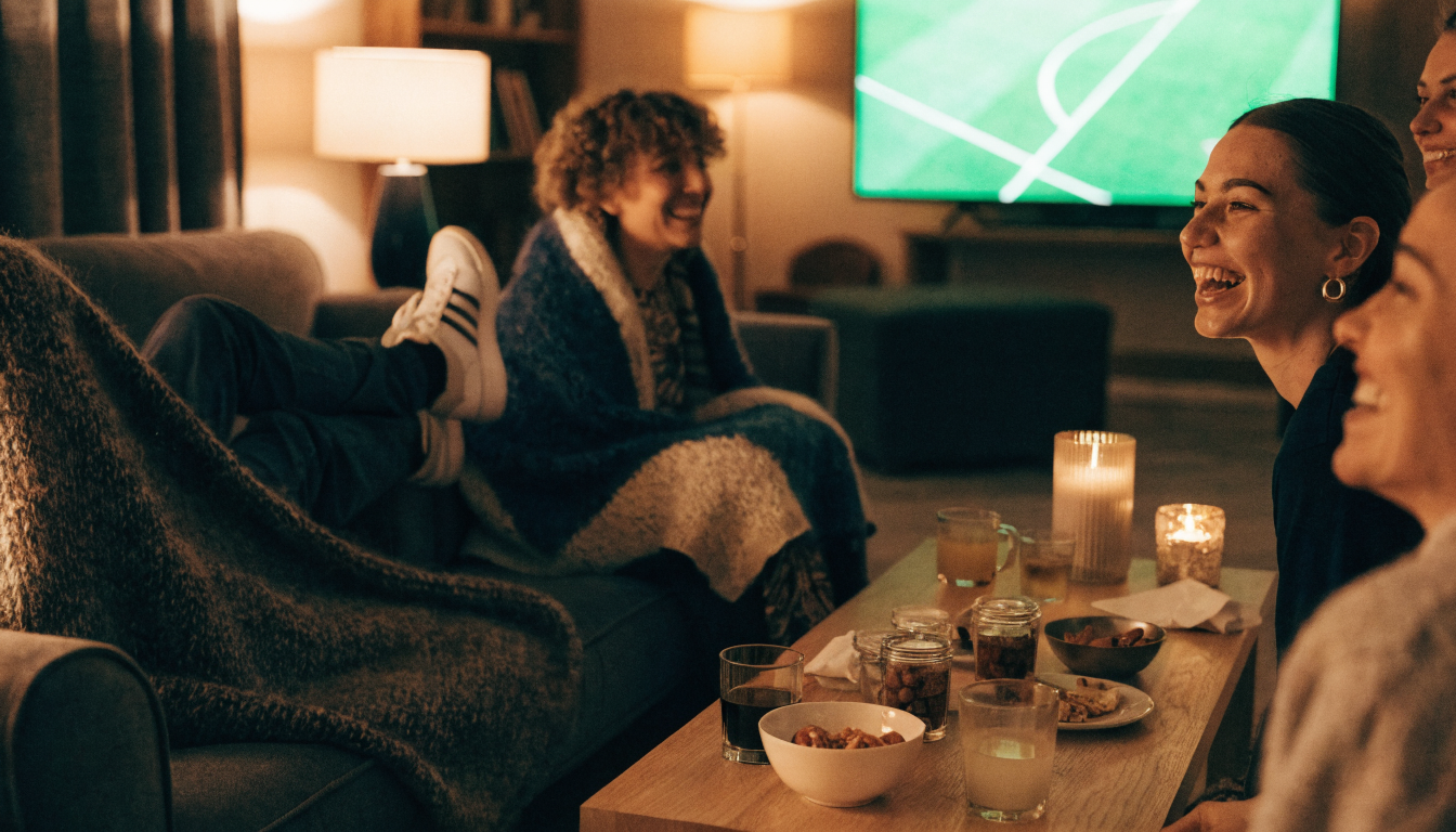 Venner ser en fodboldkamp på Smart TV i en hyggelig dansk stue